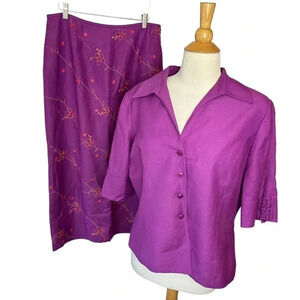 Kasper 12 purple linen‎ blend embroidered skirt & blazer suit